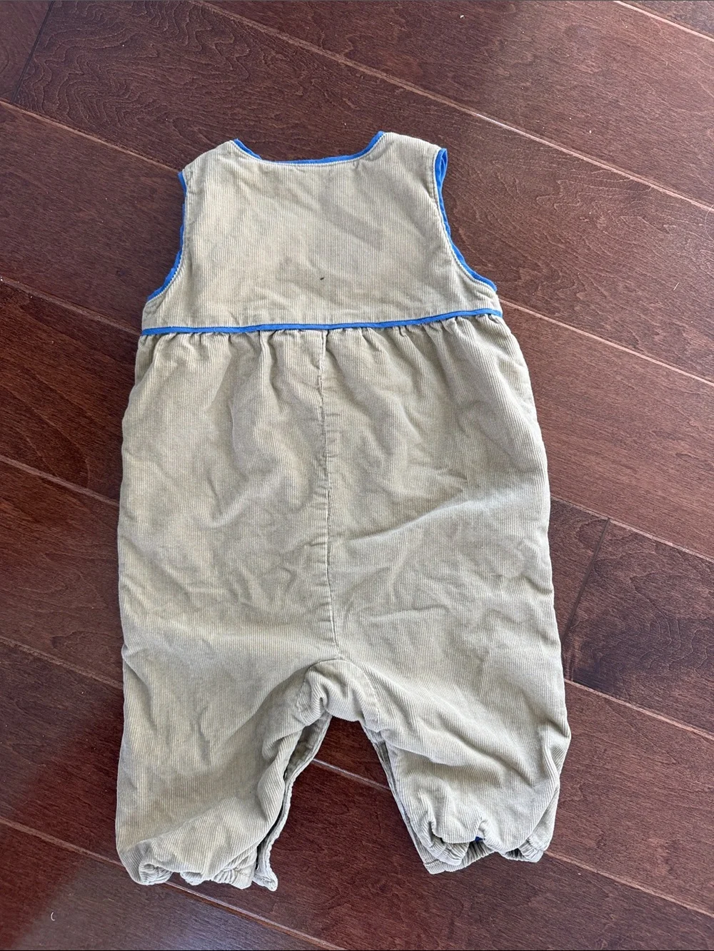 Tan Corduroy Baby Boden overalls with Blue Bird Applique 6-12 months